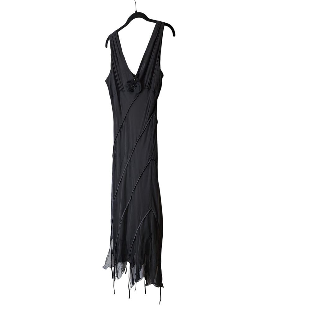 Robbie Bee Y2K Silk Black Maxi Dress Size 16 Assymetrical Hem Whimsical Fairy